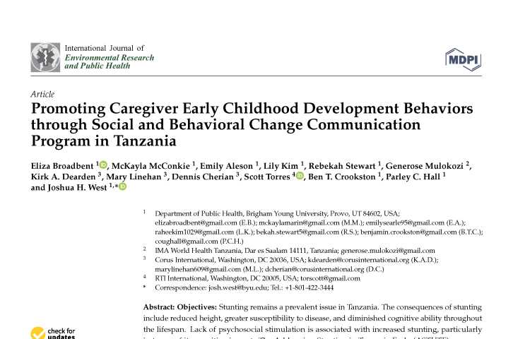 Promoting Caregiver Early Childhood Development Behaviors through Social and Behavioral Change Communication Program in Tanzania