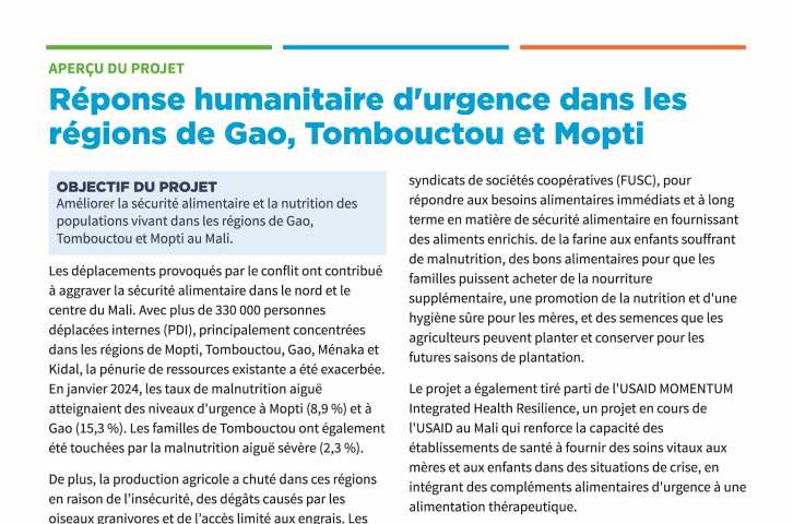 Réponse humanitaire d'urgence dans les régions de Gao, Tombouctou et Mopti